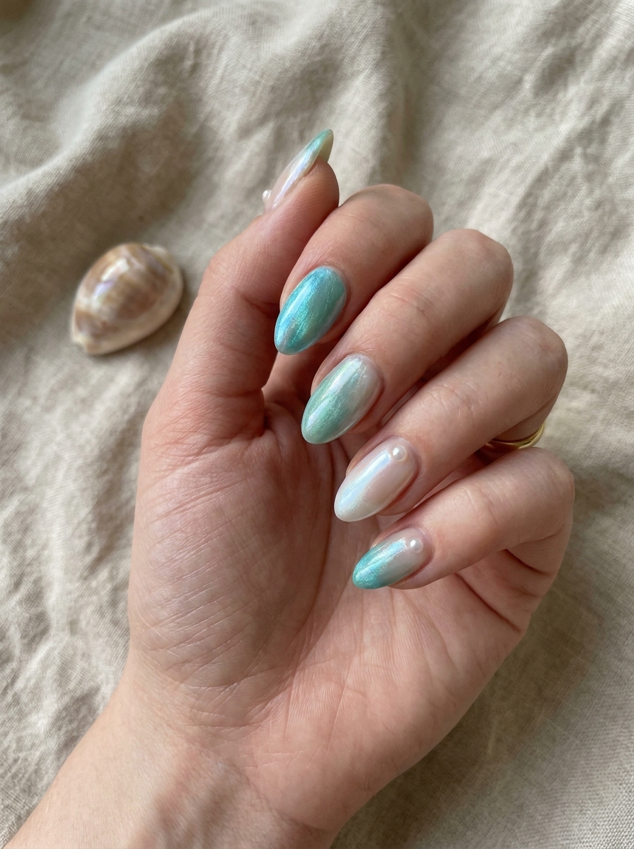 Ocean Pearl Mermaid Nails mit Ozeanfarben und kleinen Perlen